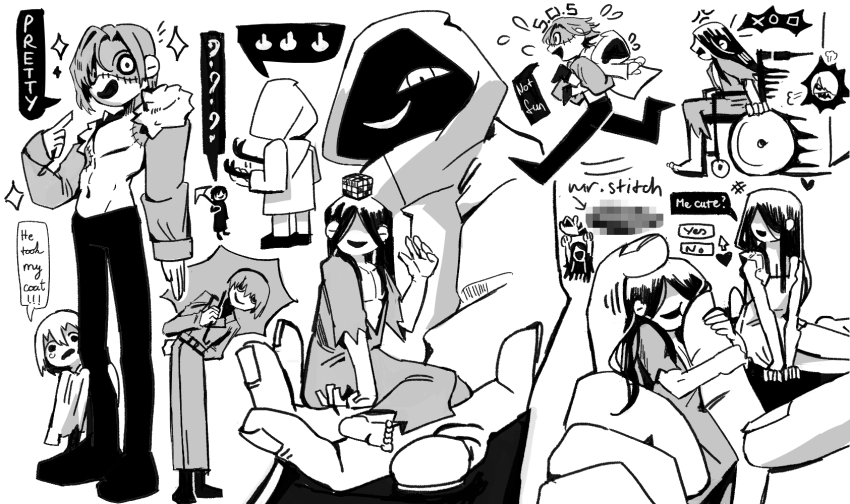 1girl 4boys aged_down apron chasing child coat commentary crossdressing crowbar english_commentary english_text eyes_in_shadow giant giantess greyscale heroine_(homicipher) highres holding holding_crowbar holding_umbrella homicipher hood hood_down in_palm jacket japanese_clothes kimono long_hair looking_at_viewer monochrome mr._crawling mr._scarletella mr._stitch mr._wheelchair multiple_boys multiple_views naked_apron no_shirt raincoat rubik&#039;s_cube running short_hair simple_background stitches umbrella vail_raficult wheelchair white_background