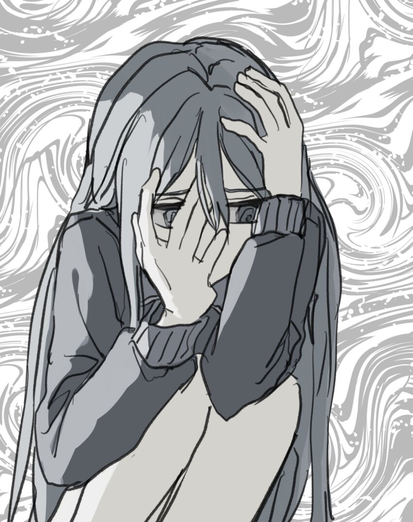 1girl clutching_head covering_own_mouth greyscale highres hunched_over jacket ji00752 long_hair looking_to_the_side monochrome project_sekai ringed_eyes sad sleeve_cuffs spiral_background squatting track_jacket very_long_hair yoisaki_kanade