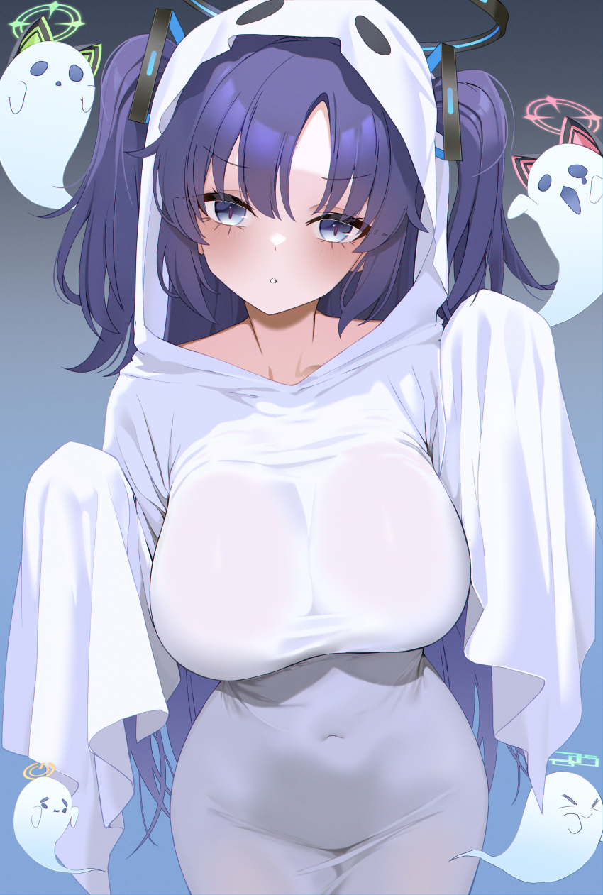 1girl absurdres animal_ear_headphones animal_ears aqua_halo aris_(blue_archive) bine_kun blue_archive blue_eyes blue_hair blush breasts cat_ear_headphones cat_ears commentary covered_navel fake_animal_ears game_development_department_(blue_archive) ghost ghost_costume ghost_pose green_halo hair_ornament halloween halloween_costume halo head_tilt headphones highres large_breasts long_hair looking_at_viewer midori_(blue_archive) momoi_(blue_archive) naked_costume orange_halo pink_halo sheet_ghost solo solo_focus tight_clothes triangle_hair_ornament two_side_up yuuka_(blue_archive) yuzu_(blue_archive)