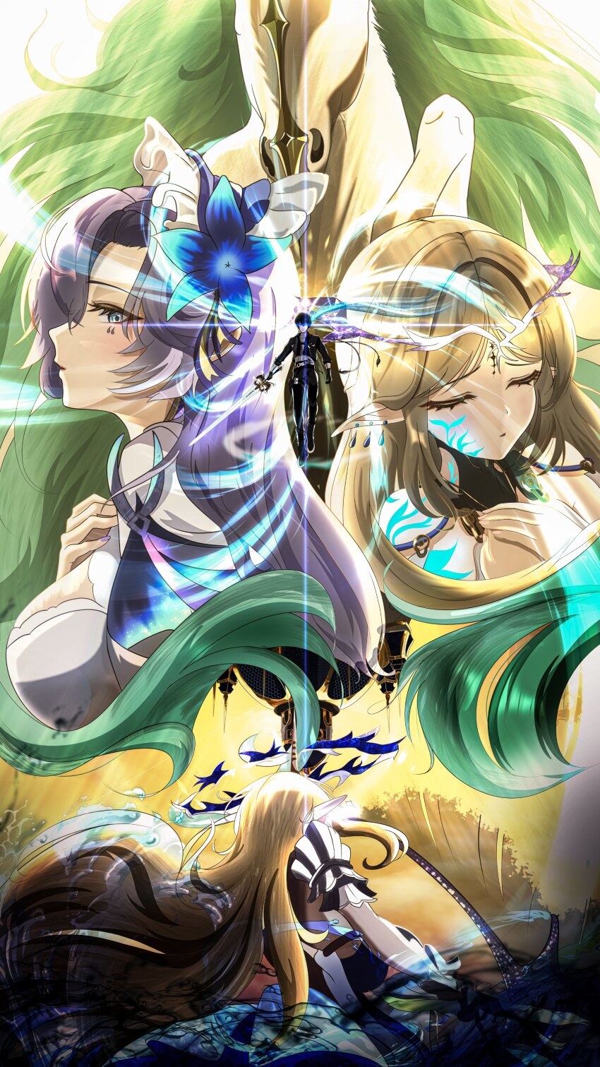 1boy 3girls absurdres bilingual_commentary blonde_hair blue_eyes blue_flower breasts bunchosan_dayo cantarella_(wuthering_waves) cartethyia_(wuthering_waves) commentary crown_of_thorns earrings english_commentary faceoff facial_mark fleurdelys_(wuthering_waves) flower hair_flower hair_ornament hand_on_own_chest headdress highres holding holding_sword holding_weapon imperator_(wuthering_waves) jewelry large_breasts long_hair looking_at_viewer male_rover_(wuthering_waves) mark_under_eye mixed-language_commentary multiple_girls pointy_ears purple_hair rover_(wuthering_waves) shrug_(clothing) sword tacet_mark_(wuthering_waves) weapon white_shrug wuthering_waves