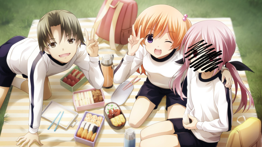 1boy 2girls aged_down apple arm_support backpack bad_tag bag beads bento black_bow black_ribbon blanket blue_buruma blush bow breasts brown_eyes buruma censored chaos;child chopsticks double-parted_bangs eating embarrassed face_censor flat_chest food food_art fruit game_cg grass green_hair gym_uniform hair_beads hair_between_eyes hair_ornament hair_ribbon happy highres holding holding_food kawahara_masashi kneehighs kneeling kurusu_nono light_blush long_hair minamisawa_senri multiple_girls official_art omelet on_blanket one_eye_closed onigiri open_mouth orange_hair outdoors picnic picnic_blanket pink_bag pink_hair plate red_eyes ribbon sandwich sasaki_mutsumi sausage scribble_censor seiza shirt shorts shy sitting small_breasts smile socks strawberry striped_blanket swept_bangs tako-san_wiener tamagoyaki thermos thick_thighs thighs tongue twintails v wariza white_shirt white_socks yellow_bag
