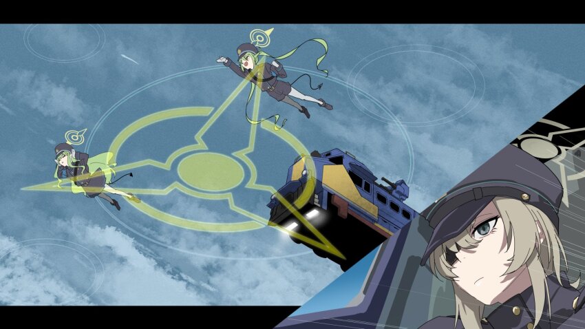 3girls blue_archive blue_background diesel_locomotive exocet_(exocet4) eyepatch gattai hikari_(blue_archive) locomotive mecha multiple_girls nozomi_(blue_archive) parody robot sky suou_(blue_archive) train yuusha_series yuusha_tokkyuu_might_gaine