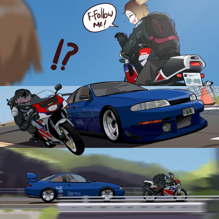 !? 2girls ^_^ absurdres asamiya_mariko_(holeecrab) barber_girl_(holeecrab) black_footwear black_gloves black_jacket blonde_hair boots car closed_eyes commentary english_commentary english_text gloves gradient_hair grey_pants highres holeecrab jacket leaning_forward license_plate motion_blur motor_vehicle motorcycle multicolored_hair multiple_girls multiple_views nissan_silvia nissan_silvia_s14 original pants riding shadow short_hair spoiler_(automobile) sports_car traffic_cone vehicle_focus yamaha