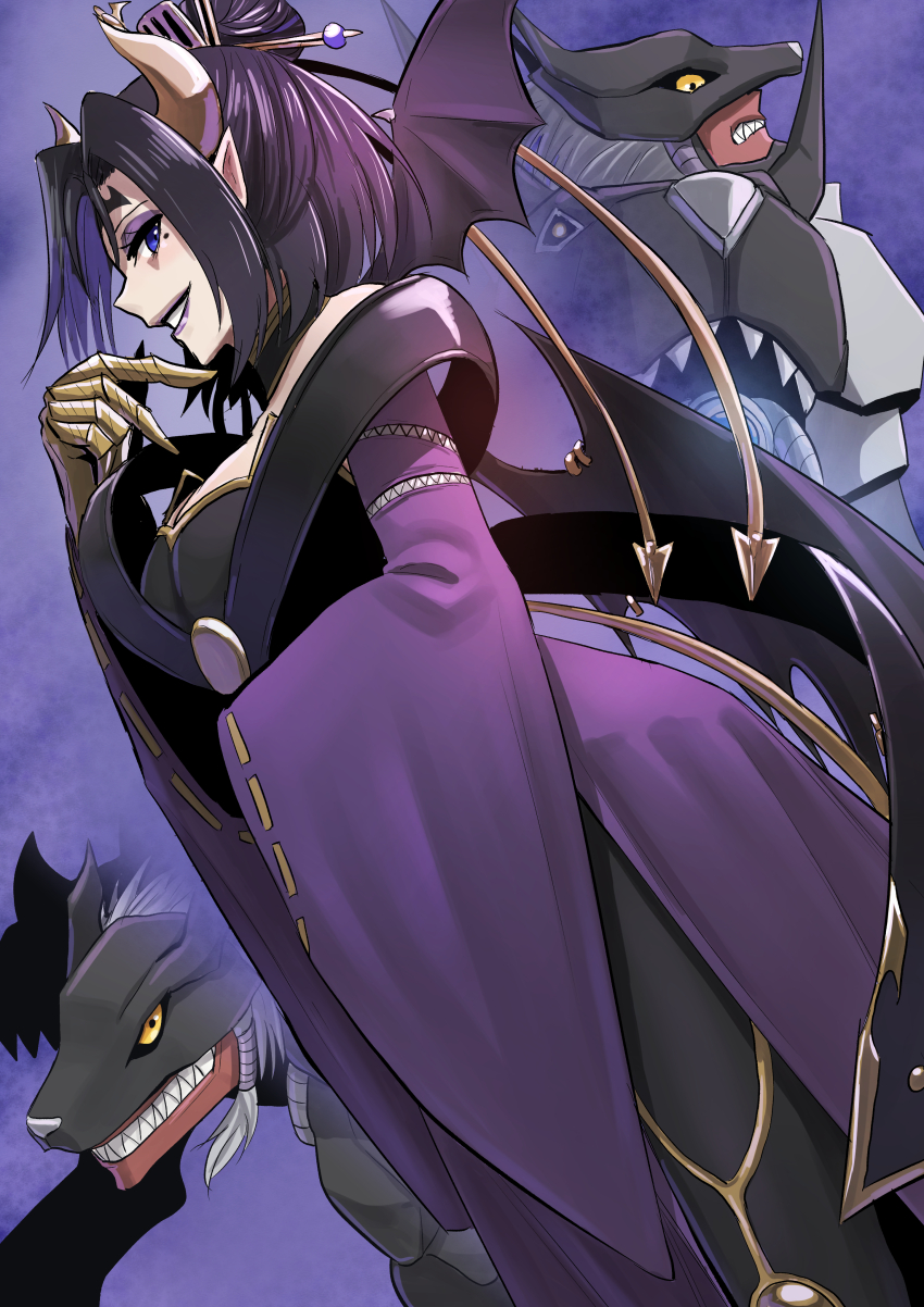 1boy 1girl absurdres alternate_form animal_ears black_hair blue_eyes breasts cerberumon cerberumon_werewolf_mode cerberus cleavage colored_sclera demon_girl demon_horns demon_wings digimon digimon_(creature) digimon_ghost_game dog_ears eyeshadow facial_mark from_side hasegawa_(hase_popopo) highres horns large_breasts lilithmon lipstick long_sleeves looking_at_viewer looking_to_the_side makeup mascara mole pointy_ears sharp_teeth short_hair teeth white_hair wings yellow_sclera