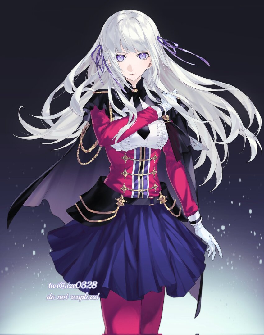 1girl alternate_color alternate_costume alternate_hairstyle alternate_universe black_capelet black_necktie blue_background blue_skirt blunt_bangs capelet closed_mouth collared_capelet collared_shirt commentary_request commission edelgard_von_hresvelg fire_emblem fire_emblem:_three_houses floating_hair formal_clothes garreg_mach_monastery_uniform gloves gradient_background hair_floating_upwards hair_ribbon hand_on_own_shoulder head_tilt highres ize0328 long_hair long_sleeves looking_at_viewer necktie nintendo pantyhose purple_eyes purple_ribbon red_pantyhose ribbon shade shirt simple_background skirt solo standing suit twitter_username white_gloves white_hair