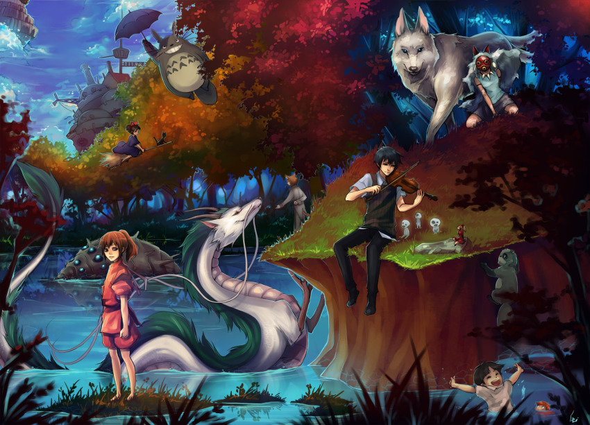 00s 10s 1980s_(style) 1990s_(style) 3boys 4girls amasawa_seiji animal arrietty black_cat broom broom_riding cape cat child cloud company_connection creature crossover day dragon dress earrings eastern_dragon floating flying forest full_body fur gake_no_ue_no_ponyo grass grin hakama hakama_skirt haku heisei_tanuki_gassen_ponpoko howl_no_ugoku_shiro instrument japanese_clothes jewelry jiji_(majo_no_takkyuubin) karigurashi_no_arrietty kaze_no_tani_no_nausicaa kiki_(majo_no_takkyuubin) kodama looking_at_viewer majo_no_takkyuubin mask mimi_wo_sumaseba mini_person minigirl mononoke_hime moro_no_kimi multiple_boys multiple_girls nature nausicaa necklace ogino_chihiro ohmu oldschool outdoors oversized_animal partially_submerged ponyo raccoon retro_artstyle river san_(mononoke_hime) sen_to_chihiro_no_kamikakushi sitting skirt sky smile sosuke standing studio_ghibli tanuki tenkuu_no_shiro_laputa the_baron_(mimi_wo_sumaseba) tonari_no_totoro tree umbrella unodu violin water witch wolf