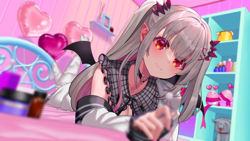 1girl absurdres bedroom blurry blurry_background blurry_foreground blush choker closed_mouth colored_inner_hair commentary demon_wings depth_of_field foreshortening frilled_shirt_collar frills futayamam2 grey_hair hashtag-only_commentary headgear heart heart_o-ring heart_ring_choker highres indie_virtual_youtuber indoors jacket kanikama_(suou_patra) looking_at_viewer lying mimikaki multicolored_hair o-ring o-ring_choker official_alternate_costume on_bed on_stomach pink_hair pointy_ears puritan_collar red_eyes smile solo suou_patra suou_patra_(9th_costume) the_pose thighhighs virtual_youtuber white_jacket white_thighhighs wings