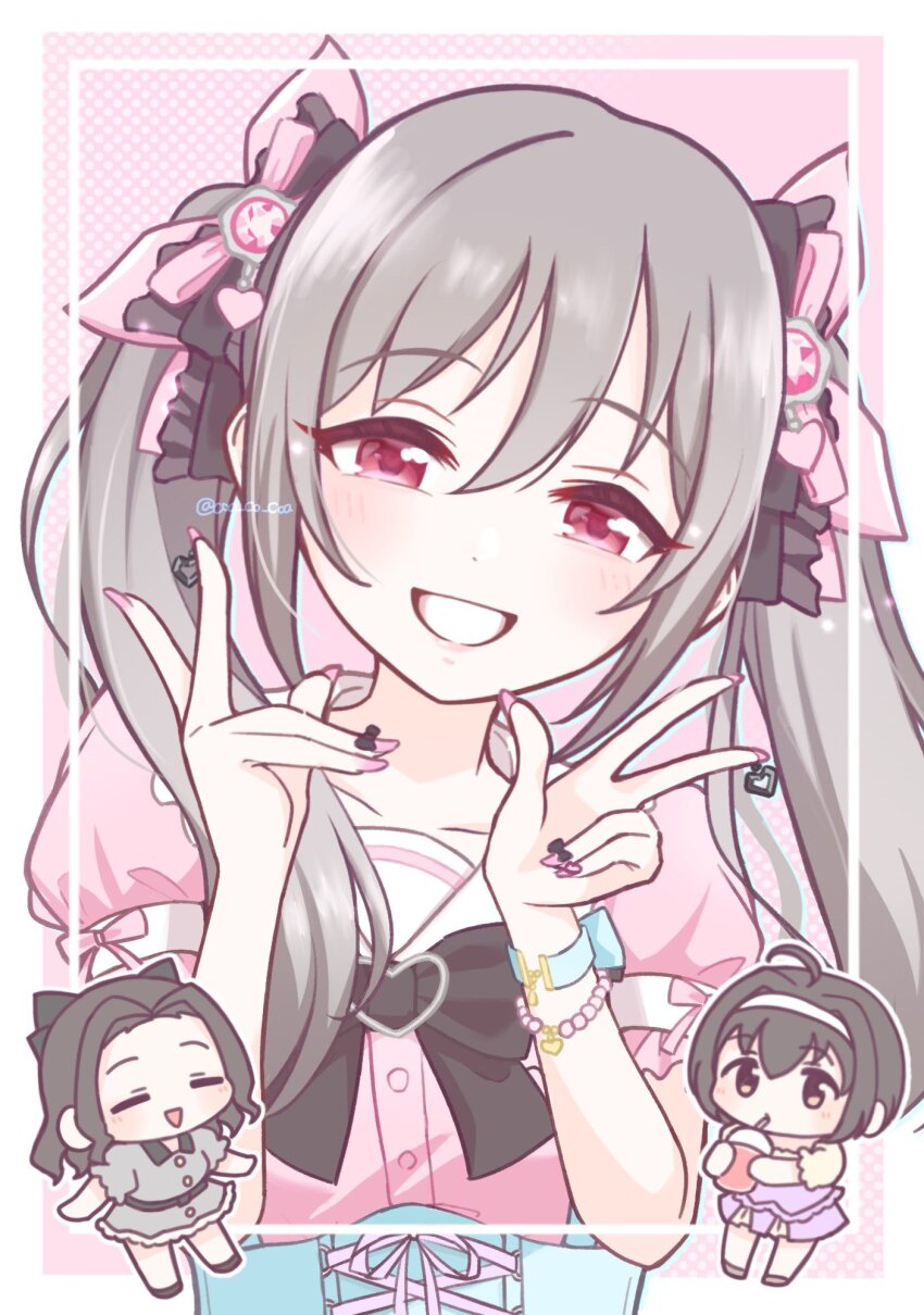 3girls ahoge black_bow black_bowtie black_hair blush bow bowtie bracelet chibi closed_eyes coa_co_coa collar collared_dress collared_shirt cup curtained_hair dot_nose dress drinking_straw ebihara_naho eyelashes grey_dress grey_hair grin gyaru_v hair_between_eyes hair_ribbon hands_up highres idolmaster idolmaster_cinderella_girls idolmaster_cinderella_girls_starlight_stage jewelry kanzaki_ranko kohinata_miho light_blush lips long_hair looking_at_viewer multiple_girls official_alternate_costume pink_background pink_dress pink_eyes pink_nails pink_shirt polka_dot polka_dot_background puffy_short_sleeves puffy_sleeves ribbon shirt short_hair short_sleeves sidelocks smile twintails twitter_username upper_body v white_collar