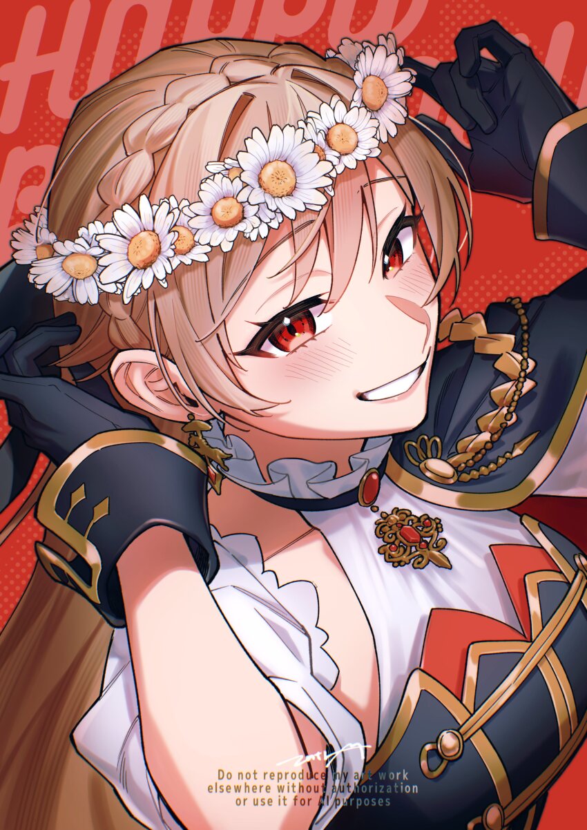 1girl absurdres arms_up black_gloves blonde_hair braid breasts crown_braid frills furen_e_lustario gloves happy_birthday head_wreath highres jewelry long_hair looking_at_viewer matsugi_zuntaro medium_breasts nijisanji nijisanji_idol_uniform red_eyes shirt sleeveless smile solo tassel virtual_youtuber white_shirt
