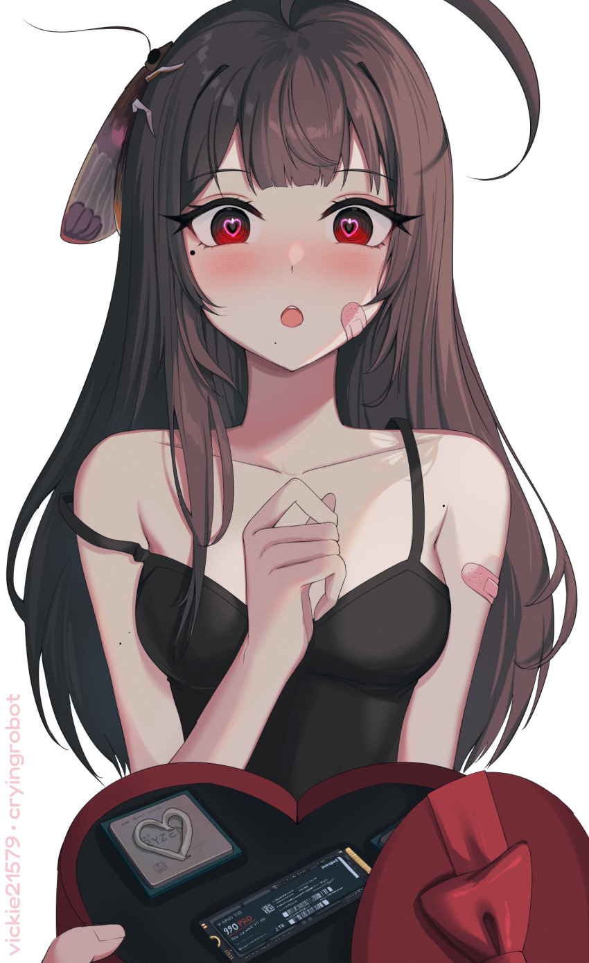 1girl bandaid bandaid_on_face blush box breasts brown_hair bug collarbone cpu heart heart-shaped_box heart-shaped_pupils highres insect long_hair looking_at_viewer medium_breasts mole mole_under_eye moth off_shoulder open_mouth original pov ram_(computer) red_eyes straight-on symbol-shaped_pupils valentine vickie_(cryingrobot) vickie_(cryingrobot)_(character)