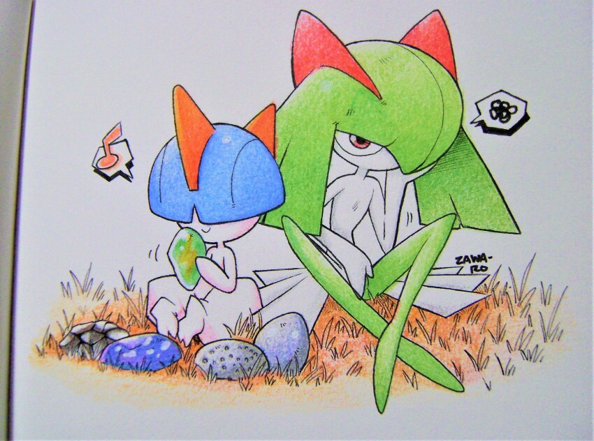 alternate_color bowl_cut colored_skin evolution_stone evolutionary_stone fire_stone game_freak gen_3_pokemon grass green_skin green_skirt highres horns kirlia multicolored_skin musical_note nintendo on_grass photo_(medium) pink_eyes pokemon pokemon_(creature) ralts shiny_pokemon sidelocks signature skirt smile superiordutchsauce two-tone_skin white_skin