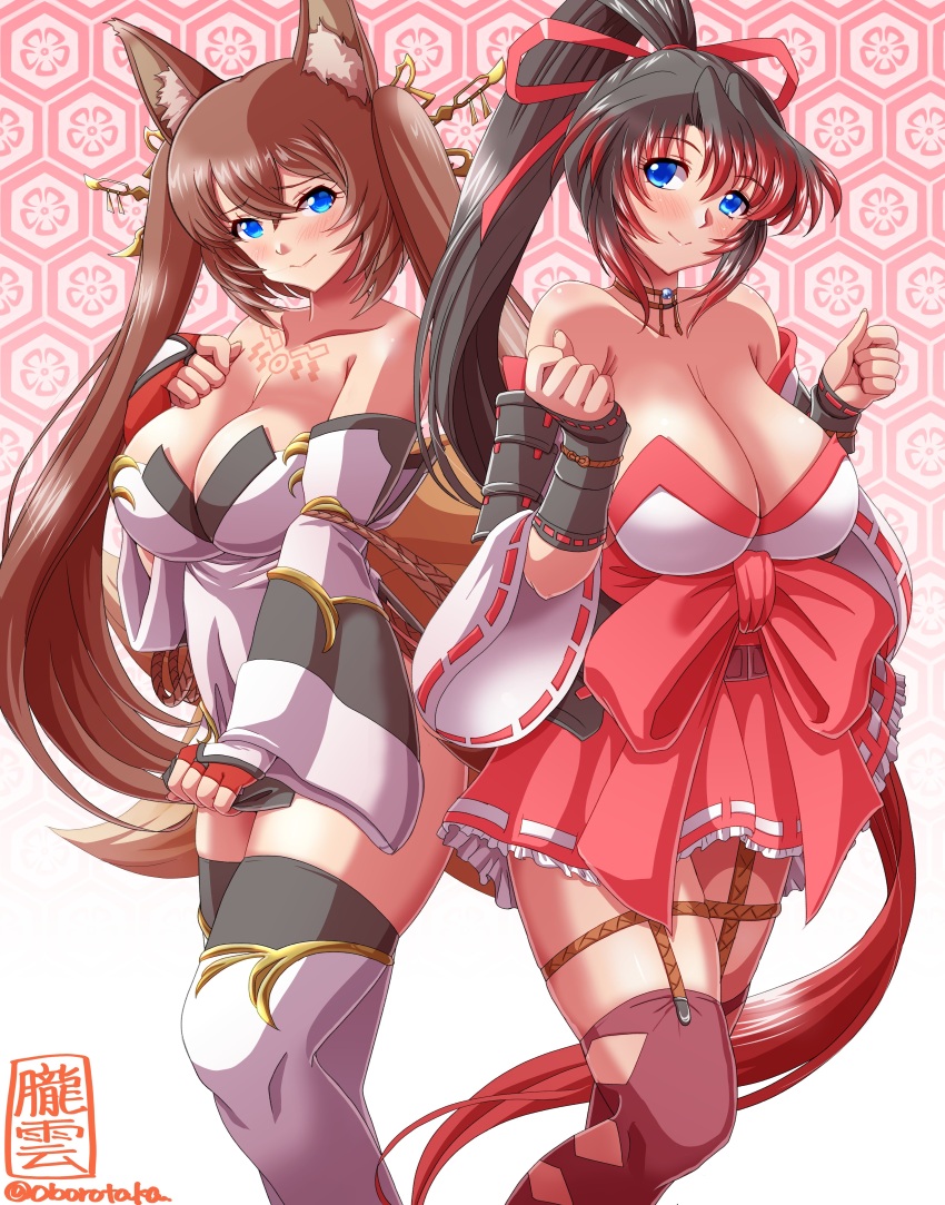 2girls absurdres animal_ears bare_shoulders blue_eyes blush boots breasts brown_hair caleen_keemosn choker cleavage clothes_swap cosplay costume_switch detached_sleeves dress embarrassed endless_frontier fingerless_gloves fox_ears fox_girl fox_tail garters gloves hair_ornament hair_ribbon high_ponytail highres huge_breasts japanese_clothes large_breasts long_hair miko multicolored_hair multiple_girls multiple_tails nanbu_kaguya oborogumo_takamitsu ponytail red_hair ribbon runes sandals signature smile star_ocean star_ocean_anamnesis strapless strapless_dress super_robot_wars super_robot_wars_og_saga_mugen_no_frontier tail thick_thighs thigh_boots thighhighs thighs twintails two-tone_hair very_long_hair wide_hips