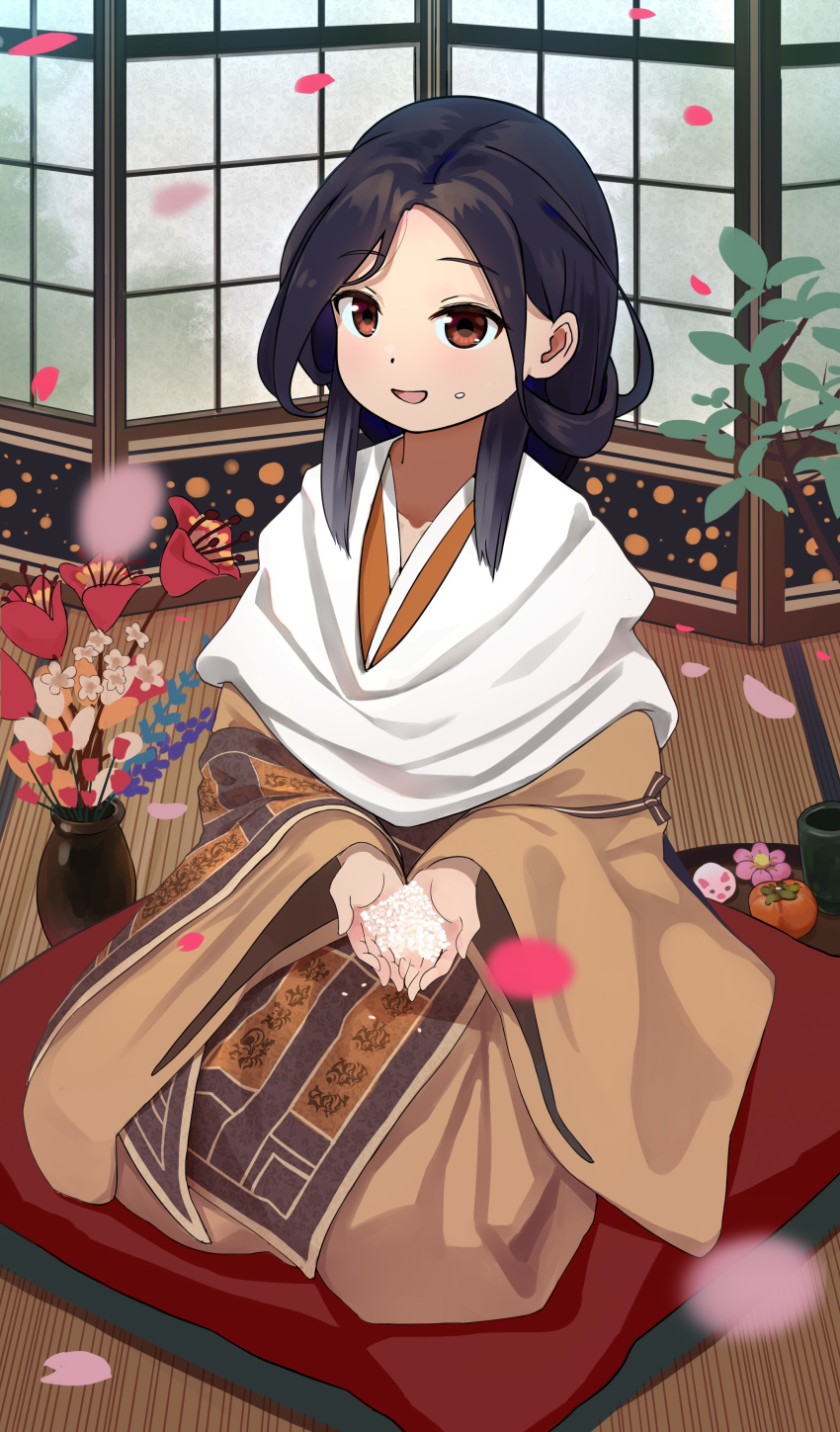 1girl absurdres akatsuki_(m12778387) black_hair brown_eyes cupping_hands divine_child_of_rejuvenation female_focus flower flower_pot food food_on_face highres japanese_clothes kimono long_hair long_sleeves looking_at_viewer open_mouth own_hands_together petals pillow rice rice_on_face screen seiza sekiro:_shadows_die_twice sitting smile solo tatami wide_sleeves