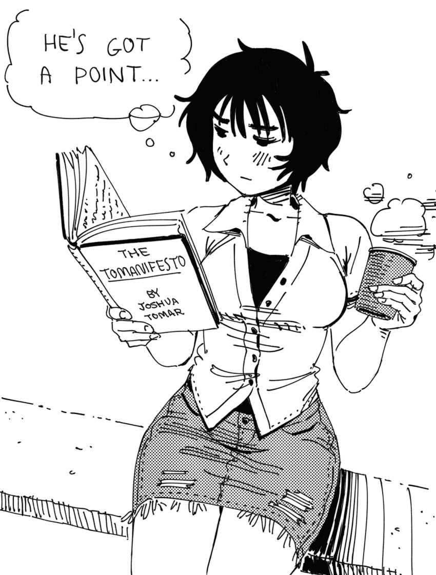 1girl absurdres black_eyes black_hair book collared_shirt commentary cup denim denim_skirt disposable_cup english_commentary english_text greyscale halftone heidi_(heytherenrds) highres holding holding_book holding_cup looking_down looking_to_the_side madeline_(heytherenrds) monochrome oneyplays original reading shirt short_hair short_sleeves sitting skirt solo speech_bubble steam thought_bubble