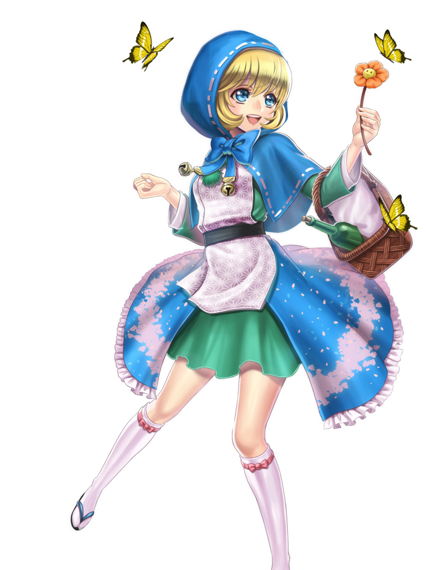 1girl adapted_costume alcohol alternate_color alternate_costume apron b.b._hood basket blonde_hair blue_eyes bug butterfly capcom capelet company_connection darkstalkers dress female_focus flower green_skirt highres hood insect kneehighs mado*pen official_art onimusha_soul sandals simple_background skirt socks solo white_background wine