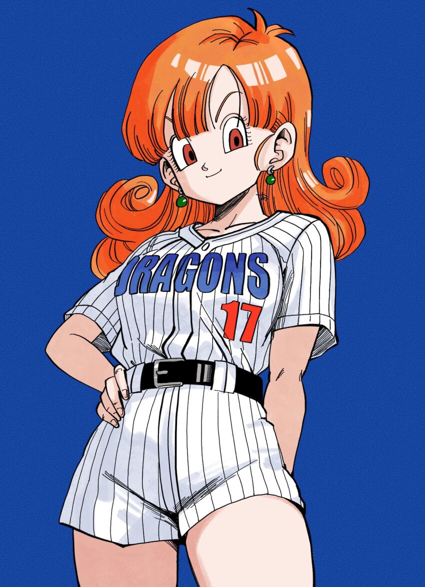 1girl alena_(dq4) alternate_costume baseball_uniform belt black_belt blue_background cowboy_shot dragon_quest dragon_quest_iv earrings eyelashes flipped_hair gem green_gemstone hand_on_own_hip highres jewelry long_hair looking_at_viewer okita_(sukult_4) red_eyes short_shorts shorts simple_background smile solo sphere_earrings sportswear striped_clothes toriyama_akira_(style) white_shorts