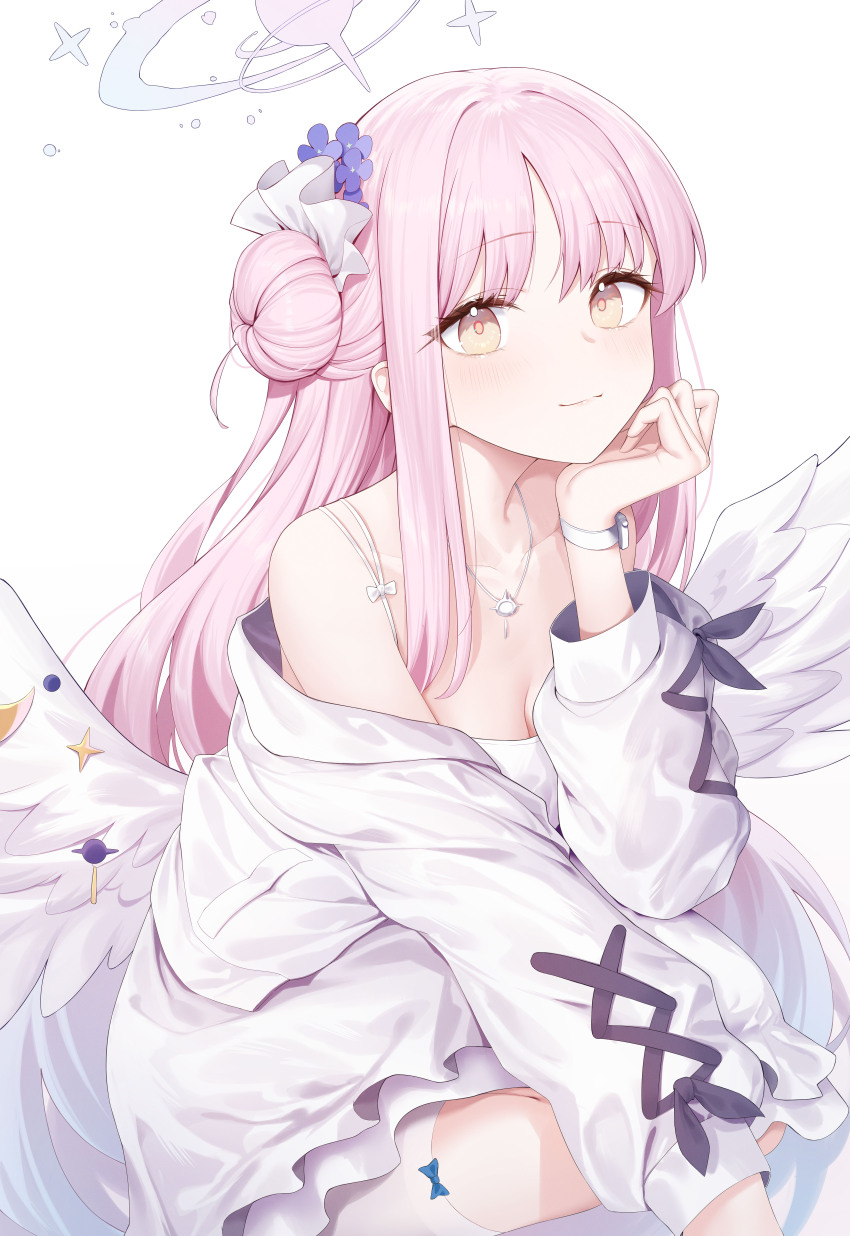 1girl absurdres bare_shoulders blue_archive hair_buns halo highres long_hair looking_at_viewer mika_(blue_archive) multicolored_halo pink_hair roi_(liu_tian) solo two-tone_halo wings yellow_eyes