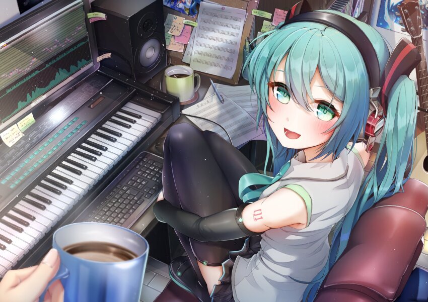 1girl 1other aqua_eyes aqua_hair aqua_necktie arm_tattoo black_skirt black_thighhighs blush coffee collared_shirt computer computer_keyboard computer_mouse cup hair_between_eyes hair_ornament hatsune_miku headset highres holding holding_cup imo_bouya long_hair looking_at_viewer master_(vocaloid) monitor musical_staff necktie note number_tattoo open_mouth paper pen piano_keys pleated_skirt shirt sitting skirt sleeveless sleeveless_shirt smile solo_focus speaker tattoo thighhighs twintails very_long_hair vocaloid white_shirt