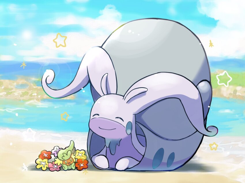 animal_focus antennae beach closed_eyes closed_mouth comfey creatures_(company) flower full_body game_freak gen_7_pokemon green_eyes highres hisuian_goodra looking_at_another looking_at_viewer nintendo no_humans outdoors pink_flower pokemon pokemon_(creature) red_flower saki_pokeoekaki shell sitting slime_(substance) slug snail star_(symbol) water yellow_flower