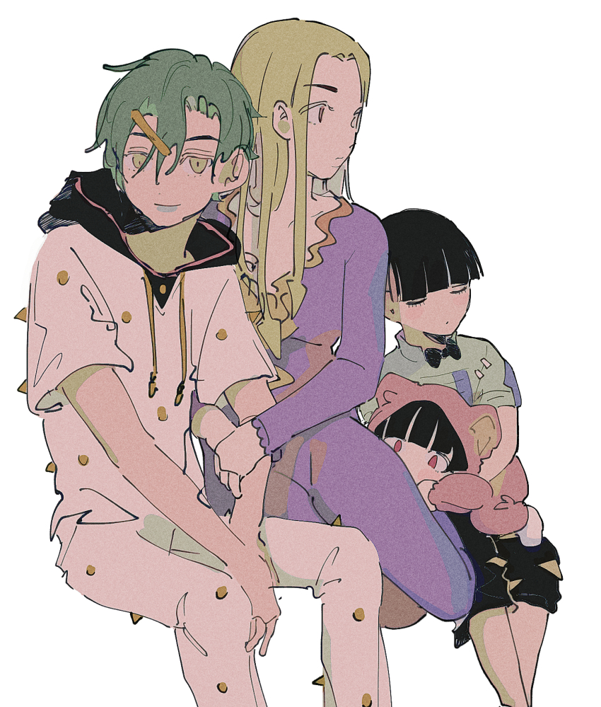 2boys 2girls aged_down bear_pajamas bow bowtie green_hair hair_ornament hairclip higashikata_daiya higashikata_hato higashikata_jobin higashikata_joshu highres holding_another&#039;s_arm inanashil jojo_no_kimyou_na_bouken jojolion multiple_boys multiple_girls pajamas sleeping white_background