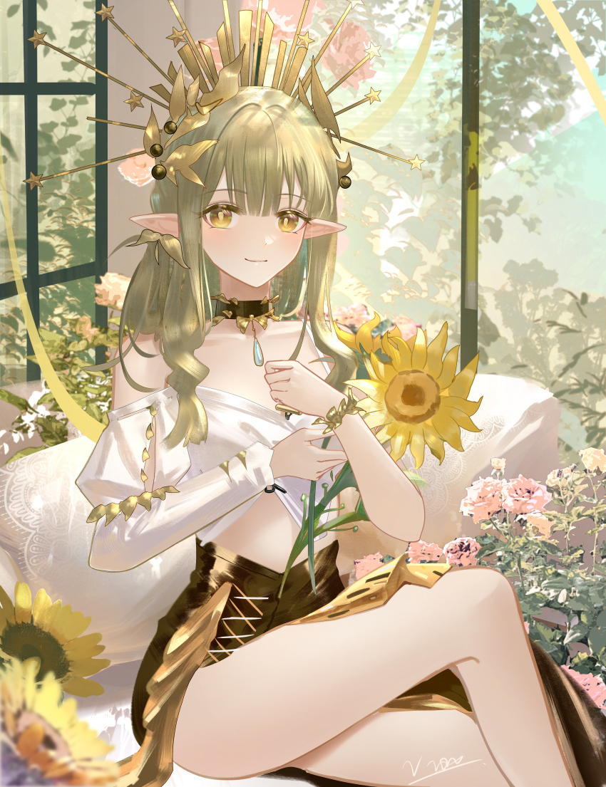1girl absurdres arknights artist_name ass blush bracelet brown_skirt commentary_request crop_top crown feet_out_of_frame flower green_hair highres holding holding_flower indoors jewelry long_hair looking_at_viewer muelsyse_(arknights) muelsyse_(golden_reverie)_(arknights) pillow pink_flower pink_rose plant pointy_ears rose shirt side_slit single_sleeve skirt smile solo sunflower thighs v-von white_shirt window yellow_eyes