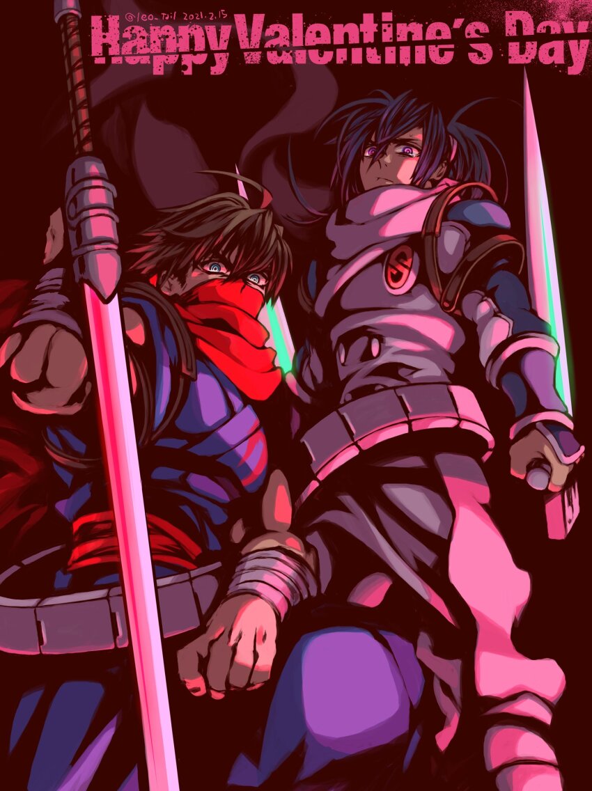 2boys ahoge bladed_tonfa blue_eyes blue_hair brown_hair dated from_below frown hair_between_eyes happy_valentine highres holding holding_weapon kneeling leo_tail long_hair looking_at_viewer looking_down male_focus mask mouth_mask multiple_boys ponytail purple_eyes red_background red_mask red_scarf scarf short_hair strider_(video_game) strider_hien strider_hiryuu sweatdrop tearing_up twitter_username valentine weapon white_scarf