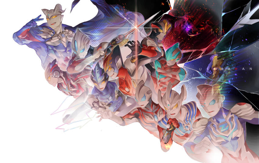 6+boys absurdres blade blue_cape blue_eyes cape character_request claws clenched_hand closed_mouth copyright_name crack embers english_text glowing glowing_eyes grin highres holding holding_weapon lens_flare looking_back multiple_boys muscular muscular_male niza no_pupils open_hand open_mouth purple_eyes red_eyes simple_background smile teeth tight_clothes ultra_series ultraman ultraman_(1st_series) ultraman_geed_(series) ultraman_ginga_(series) ultraman_ginga_s ultraman_orb_(series) ultraman_r/b ultraman_taiga_(series) ultraman_x_(series) ultraman_z ultraman_z_(alpha_edge) ultraman_z_(series) ultraman_zero ultraman_zero_beyond weapon white_background yellow_eyes