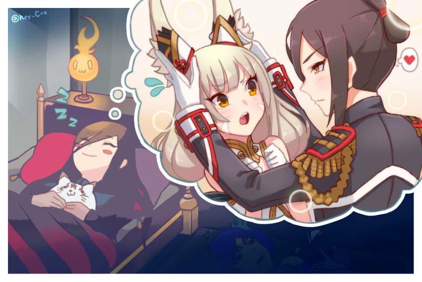 3girls :o animal_ears black_hair blush brighid_(xenoblade) cat_ears epaulettes facial_mark gloves hair_down hey_cre long_hair morag_ladair_(xenoblade) multiple_girls nia_(xenoblade) no_headwear no_headwear playing_with_another&#039;s_ears silver_hair sleeping smile spoilers twitter_username white_gloves xenoblade_chronicles_(series) xenoblade_chronicles_2
