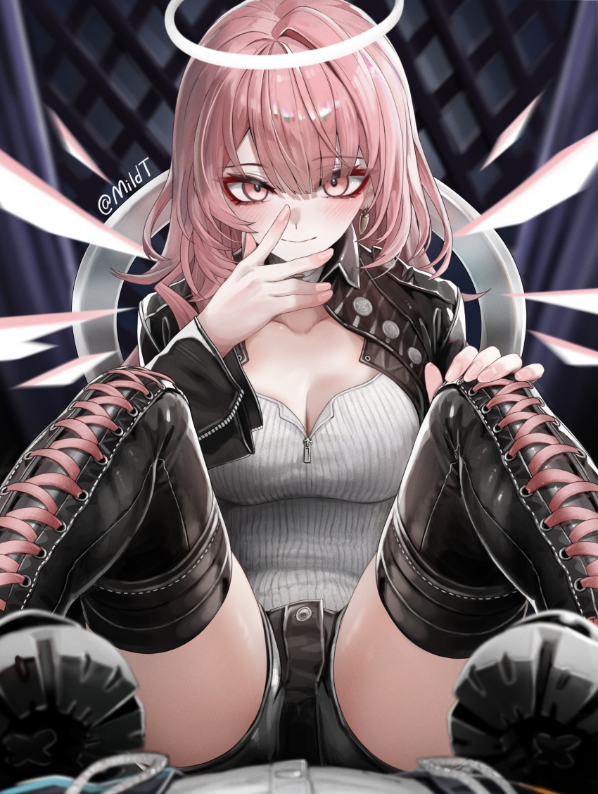 1girl 1other absurdres angel_wings arknights artist_name black_boots black_jacket black_shoes black_shorts blush boots breasts bullet_earrings buttons cleavage collar collarbone_peek collared_jacket commentary crotch detached_wings dot_nose earrings energy_wings eyeliner fingernails hair_between_eyes halo hand_on_own_knee hand_on_own_leg hand_up highres index_finger_raised jacket jewelry knees_up lace-up_boots large_breasts legs lemuen_(arknights) long_hair looking_at_viewer makeup mildt o-ring_collar open_clothes open_jacket paid_reward_available parted_lips pink_eyeliner pink_eyes pink_hair pointing pointing_up pov shirt shoe_soles shoes short_shorts shorts signature sitting sitting_on_person spread_legs straight-on teeth thigh_boots thighs traditional_halo white_collar white_halo white_shirt white_wings wing_collar wings zipper zipper_pull_tab