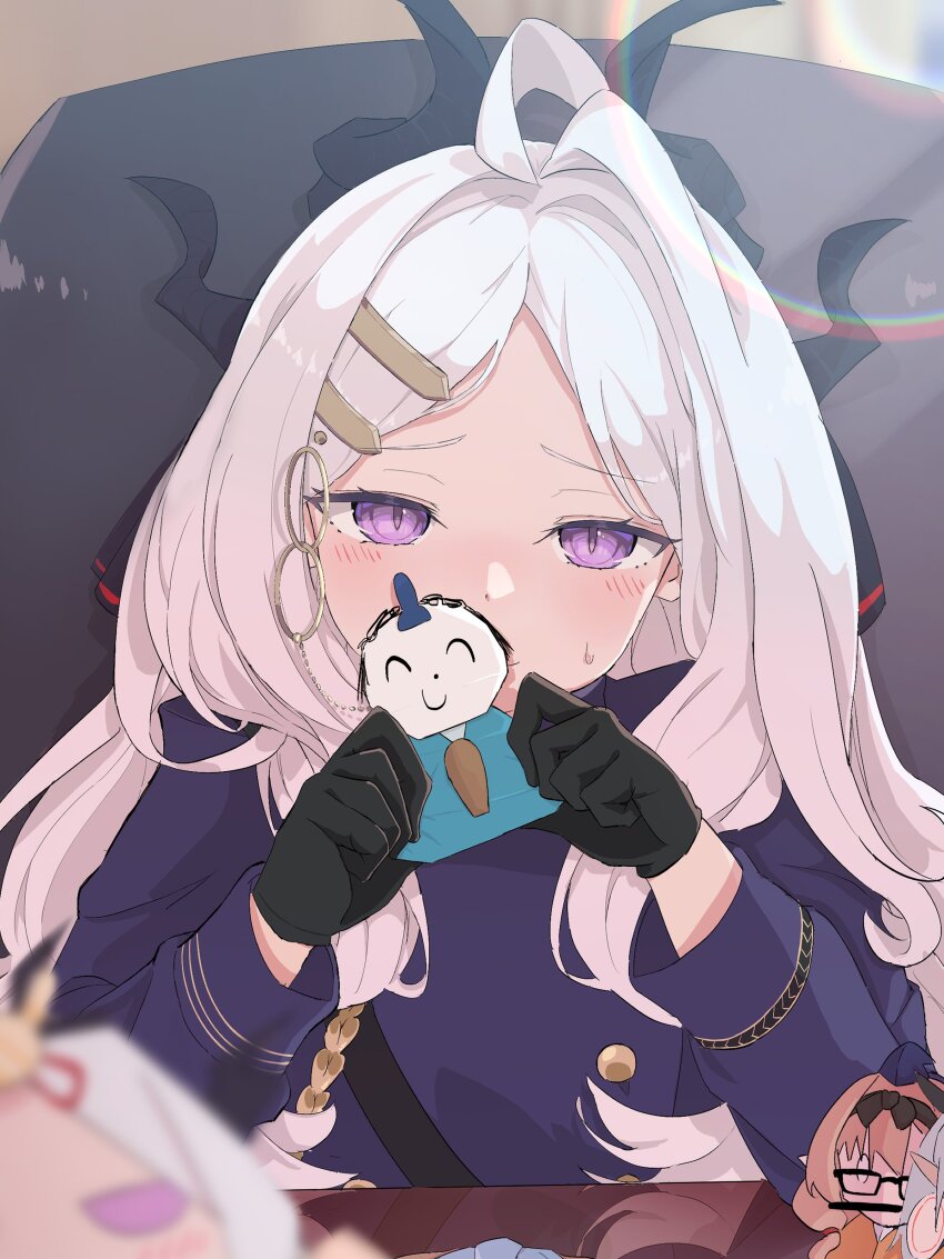 1girl absurdres ahoge ako_(blue_archive) black_gloves blue_archive blush breasts chinatsu_(blue_archive) coat demon_girl demon_horns doodle_sensei_(blue_archive) gloves hair_ornament hairclip highres hina_(blue_archive) hinamatsuri horns iori_(blue_archive) long_hair looking_at_viewer not_seven777 on_chair origami prefect_team_(blue_archive) purple_eyes sensei_(blue_archive) sitting small_breasts sunlight table white_hair