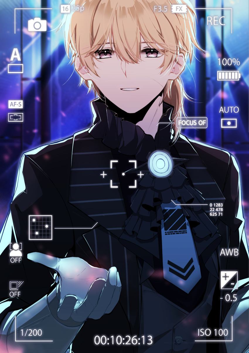 1boy absurdres blonde_hair camera dochikun highres image_sample inviting_viewer lee:_entropy_(illusionist)_(pgr) lee:_entropy_(pgr) lee_(pgr) official_alternate_costume pixiv_sample punishing:_gray_raven reaching reaching_towards_viewer smile solo solo_focus viewfinder