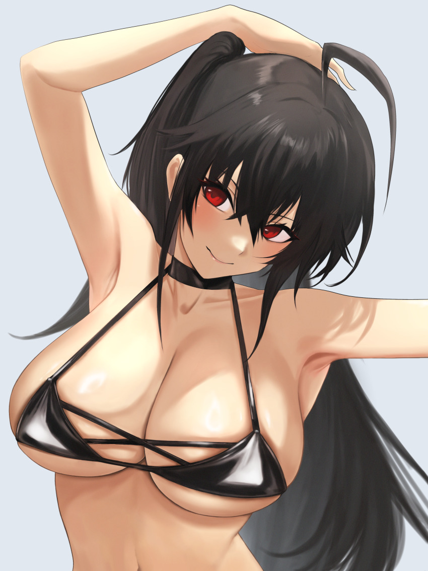 1girl absurdres akizuki_(17769498) arm_behind_head azur_lane bikini black_bikini black_choker black_hair breasts choker cross-laced_bikini cross-laced_clothes facing_down hair_between_eyes hand_up head_tilt highres large_breasts long_hair looking_at_viewer looking_up navel navel_peek outstretched_arm red_eyes side_ponytail smile solo swimsuit taihou_(azur_lane) taihou_(enraptured_companion)_(azur_lane) upper_body very_long_hair white_background