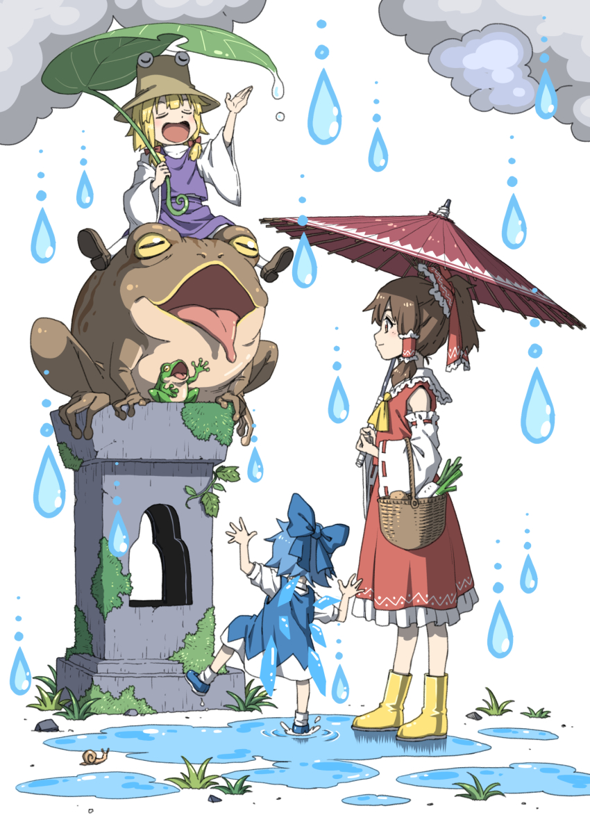 3girls animal ascot basket blonde_hair blue_bow blue_dress blue_footwear blue_hair boots bow brown_footwear brown_hair cirno closed_eyes cloud daikon detached_sleeves dress elbow_carry food frog giant_leaf grass hair_bow hair_ribbon hair_tubes hakurei_reimu hat highres holding holding_basket holding_leaf holding_umbrella ice ice_wings inuno_rakugaki leaf leaf_umbrella moriya_suwako moss multiple_girls music oil-paper_umbrella open_mouth oversized_animal ponytail puddle purple_skirt purple_vest radish rain red_bow red_shirt red_skirt red_umbrella ribbon rubber_boots shirt short_sleeves singing skirt skirt_set snail splashing tongue tongue_out touhou tress_ribbon umbrella vest water_drop wide_sleeves wings yellow_ascot yellow_boots