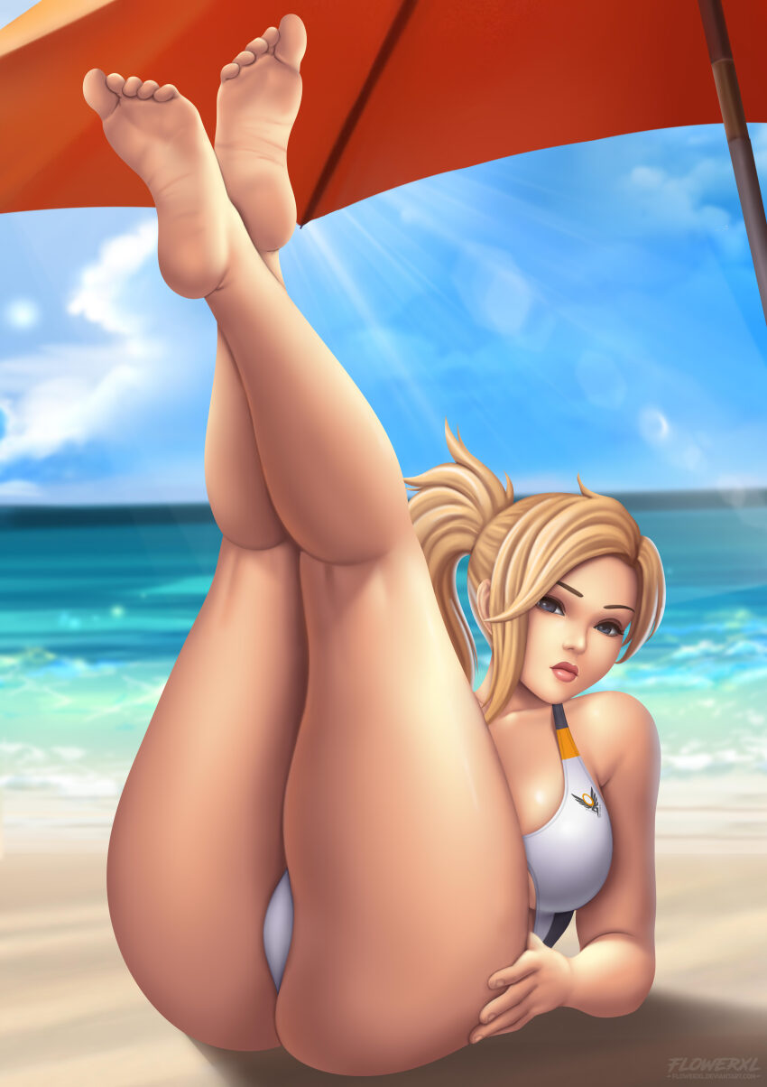 1girl absurdres ass bare_legs barefoot beach blonde_hair blue_eyes breasts feet feet_up female_focus flowerxl highres huge_ass large_breasts legs_up long_hair mercy mercy_(overwatch) ocean one-piece_swimsuit overwatch parasol sitting soles solo solo_focus swimsuit thick_thighs thighs toes umbrella wide_hips