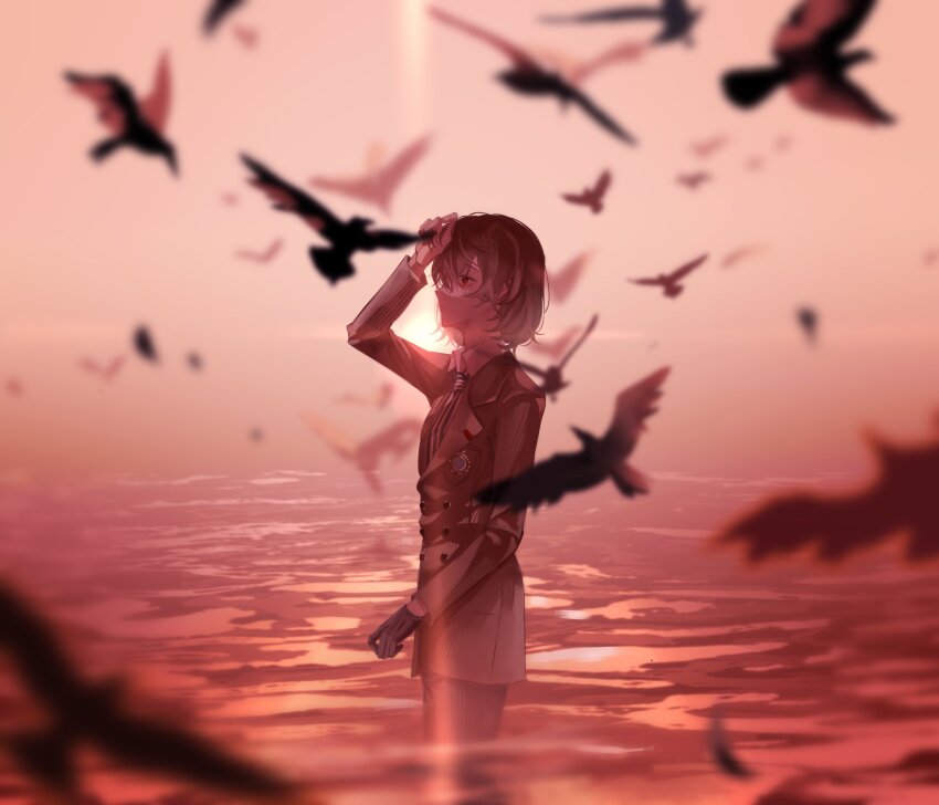 1boy akechi_gorou arm_up bird black_gloves brown_gloves brown_hair collared_shirt cowboy_shot crow day evening gloves highres illowine long_sleeves medium_hair necktie outdoors persona persona_5 red_eyes red_theme shirt single_glove sky solo standing wading white_shirt