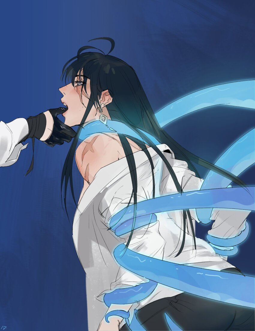 2girls absurdres azzpearce black_gloves black_hair blue_background chief_(path_to_nowhere) commentary earrings finger_in_another&#039;s_mouth gloves hashtag-only_commentary highres jewelry long_hair multiple_girls path_to_nowhere rahu_(path_to_nowhere) scar scar_across_eye scar_on_arm scar_on_face shalom_(path_to_nowhere) shirt tentacles white_shirt yuri