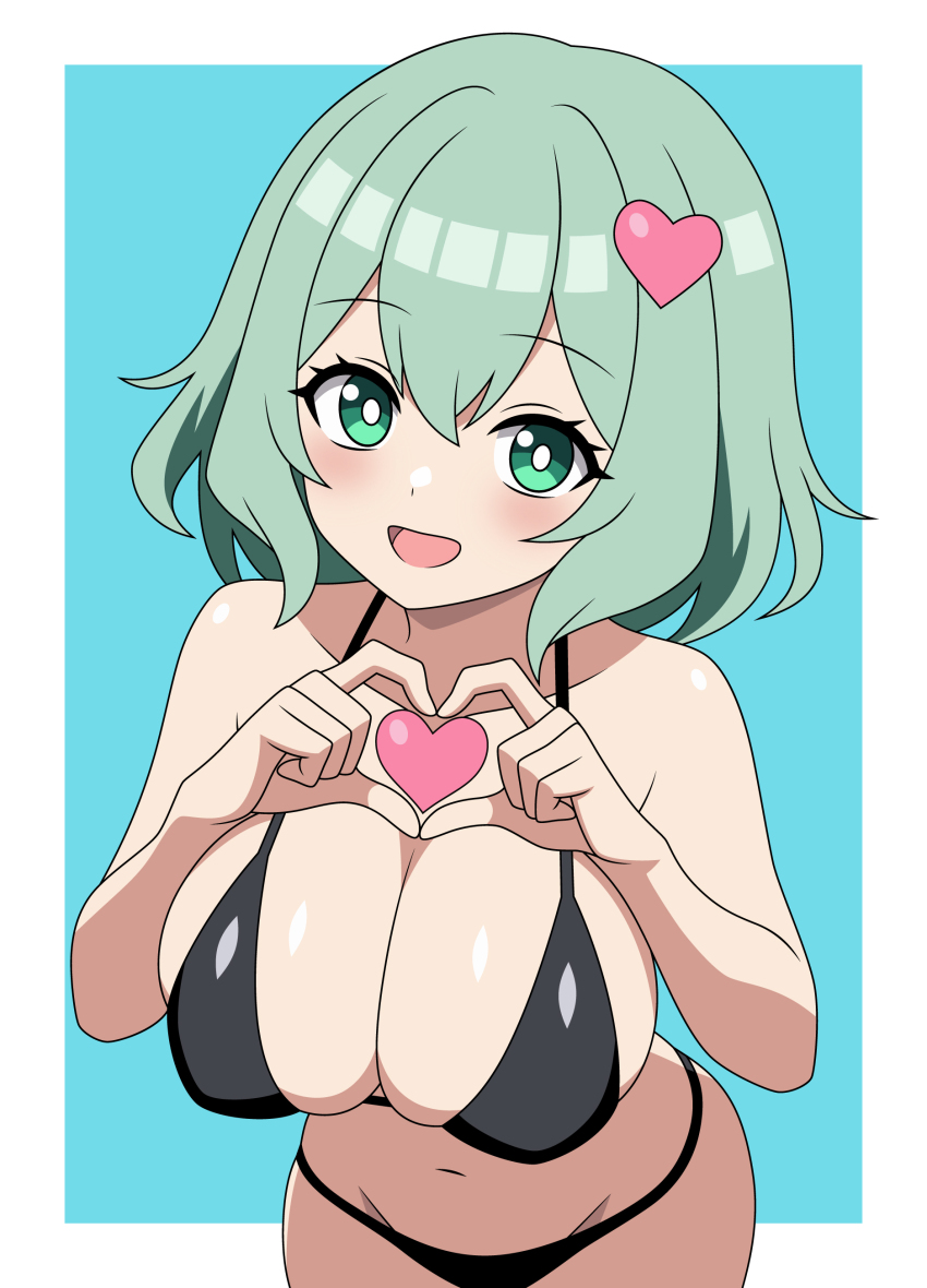 1girl :d absurdres anime_coloring bikini black_bikini blue_background blush breasts bright_pupils cleavage commentary_request cowboy_shot green_eyes green_hair groin hair_ornament heart heart_hair_ornament heart_hands highres komeiji_koishi large_breasts leaning_forward looking_at_viewer navel open_mouth short_hair simple_background smile solo ssaf_seibeupail swimsuit touhou variant_set white_pupils