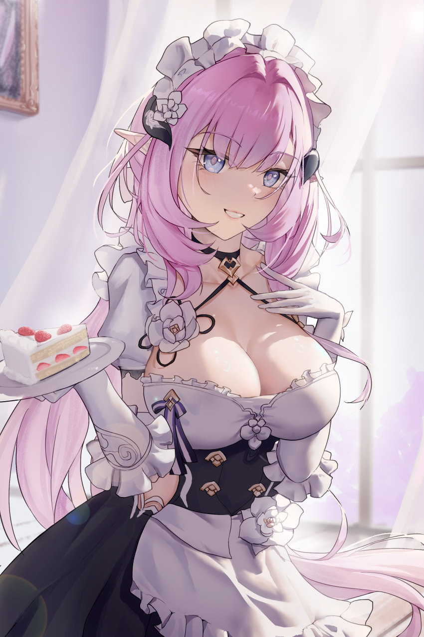 1girl absurdres apron black_dress blue_eyes breasts cake cake_slice chinese_commentary cleavage commentary_request curtains dress elysia_(honkai_impact) elysia_(miss_pink)_(honkai_impact) elysia_(miss_pink_elf)_(honkai_impact) flag888 food gloves headdress highres holding holding_plate honkai_(series) honkai_impact_3rd indoors large_breasts long_hair looking_at_viewer maid_headdress official_alternate_costume parted_lips partial_commentary pink_hair pink_pupils plate pointy_ears sidelocks smile solo very_long_hair white_gloves window