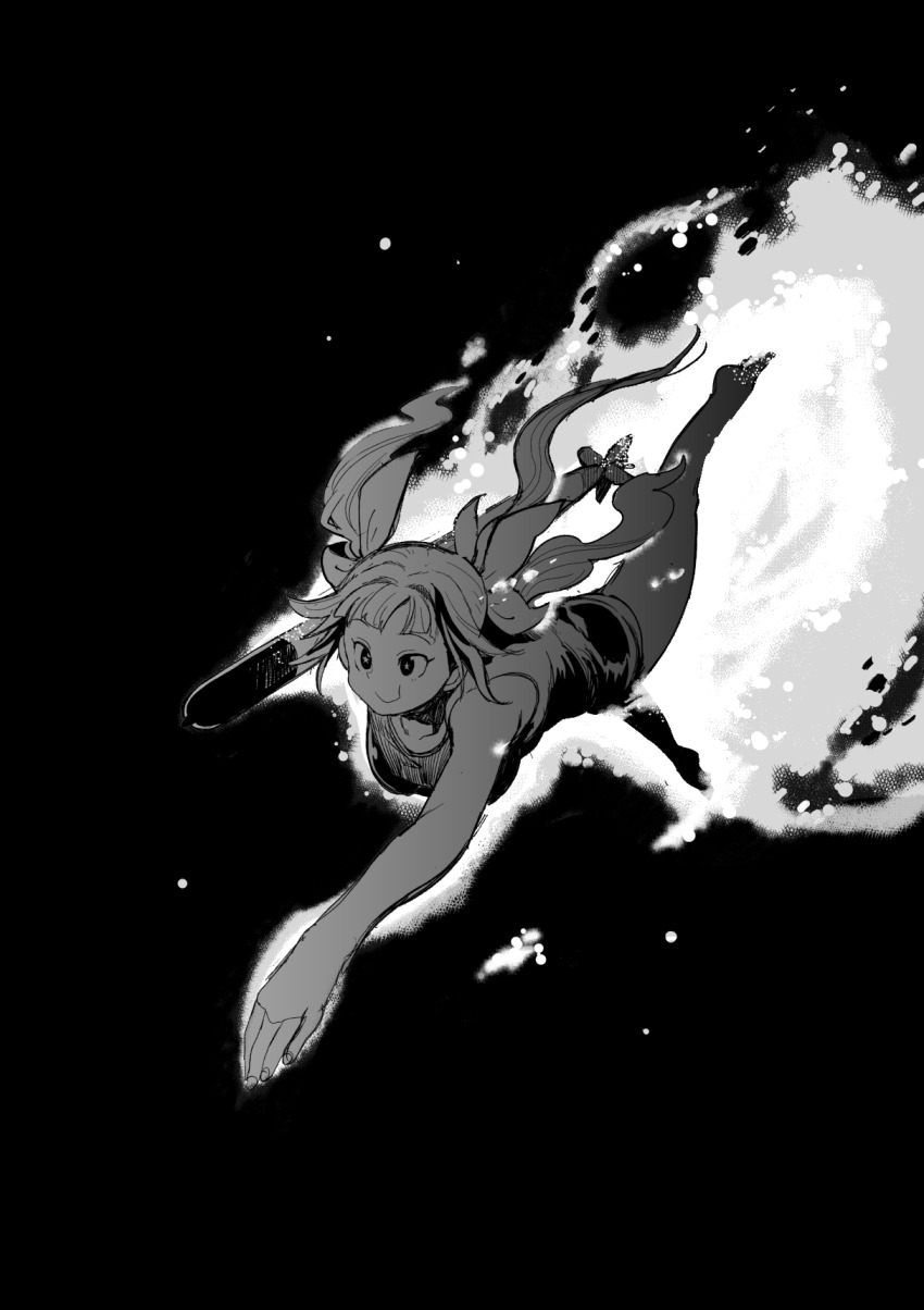 1girl :t barefoot breasts closed_mouth greyscale hair_ribbon highres holding holding_torpedo i-19_(kancolle) kantai_collection medium_breasts monochrome niku-name one-piece_swimsuit ribbon solo star-shaped_pupils star_(symbol) swimming swimsuit symbol-shaped_pupils torpedo tri_tails underwater