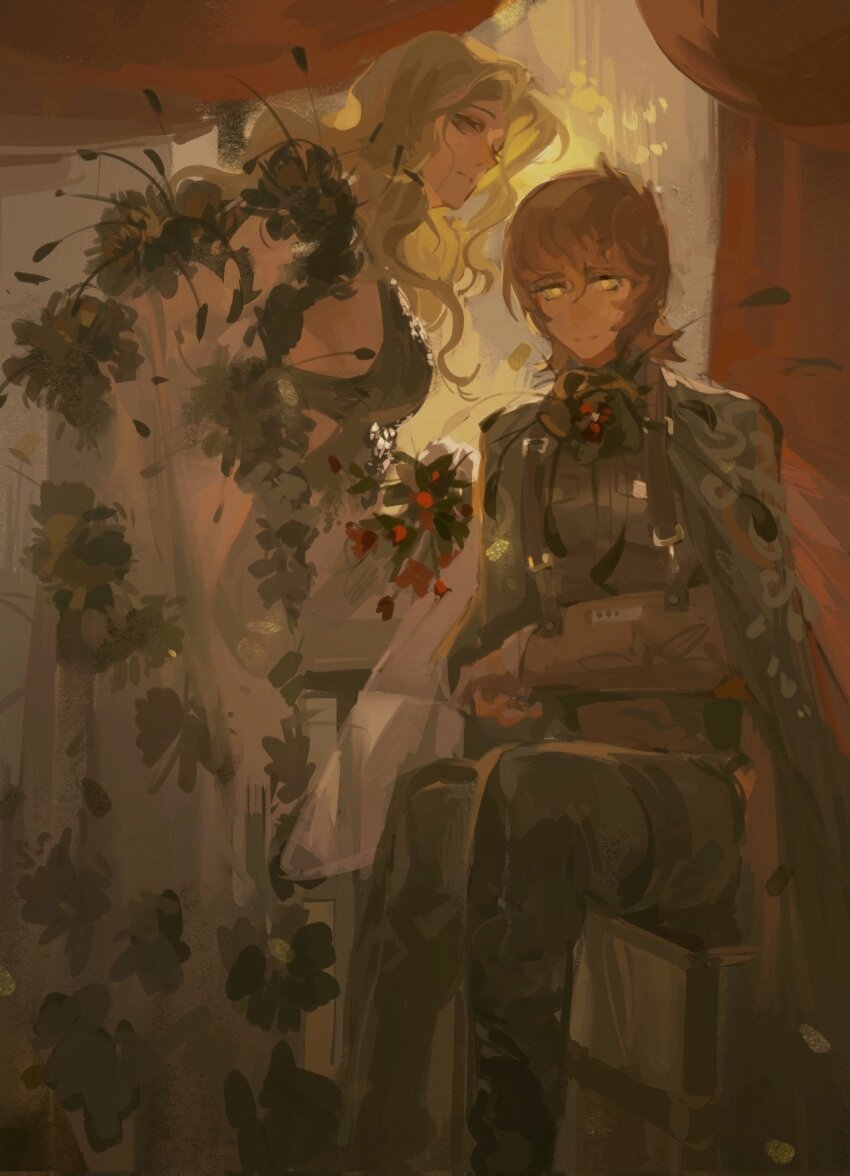 1boy 1girl arm_cast black_dress blonde_hair breasts brown_hair cast classicaloid closed_mouth curtains dress flower franz_liszt_(classicaloid) frederic_chopin_(classicaloid) hair_between_eyes highres indoors looking_at_viewer octahooves pants short_hair sideboob sitting yellow_eyes
