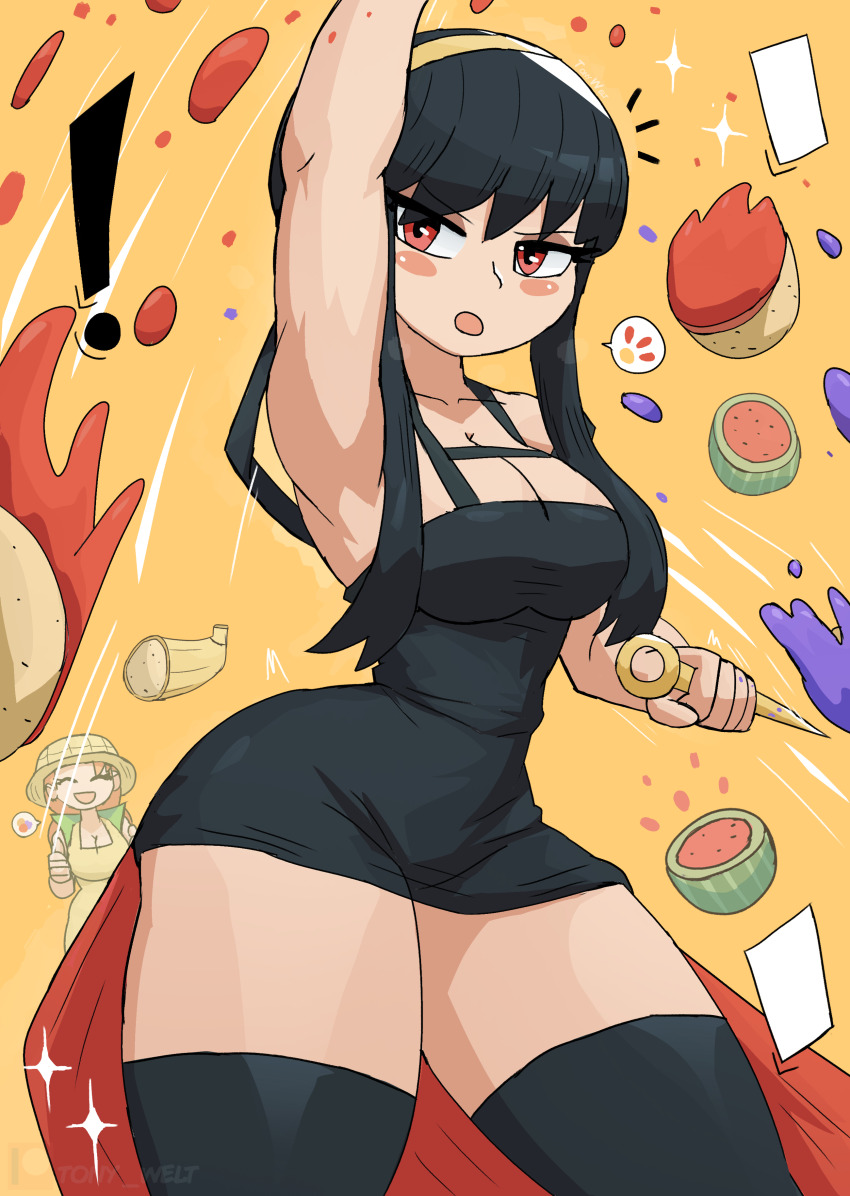 ! 2girls absurdres bandana black_dress black_hair black_thighhighs blush braid breasts cleavage closed_eyes collarbone corny_(tony_welt) dagger dress farmer food food-themed_clothes fruit hairband hat highres holding holding_weapon knife large_breasts long_hair looking_at_viewer multiple_girls open_mouth original overalls personification red_eyes red_hair short_hair short_hair_with_long_locks sidelocks slashing sleeveless sleeveless_dress slicing smile sparkle speech_bubble spy_x_family standing stiletto_(weapon) thick_thighs thighhighs thighs thumbs_up tony_welt twin_braids watermelon weapon wide_hips yellow_background yellow_hat yellow_overalls yor_briar
