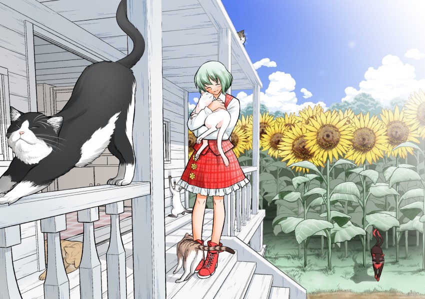 1girl animal animal_ears animal_hug blue_sky cat cat_ears closed_eyes cloud day female_focus field flower flower_field fuuzasa green_hair happy kaenbyou_rin kaenbyou_rin_(cat) kazami_yuuka multiple_tails nekomata red_shoes shirt shoes skirt skirt_set sky smile solo sunflower sunflower_field tail too_many too_many_cats touhou vest