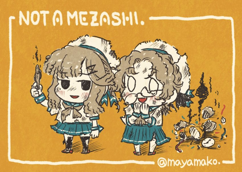 2girls black_legwear blue_skirt blush bomb broken_eyewear explosive glasses gloves hair_ornament hairclip hat hirato_(kancolle) holding imatomo_mahya kantai_collection long_sleeves messy_hair mole mole_under_eye multiple_girls open_mouth sailor_collar school_uniform serafuku short_sleeves sidelocks simple_background skirt standing thighhighs torn_clothes torn_hat torn_legwear tsushima_(kancolle) twitter_username white_headwear yellow_background
