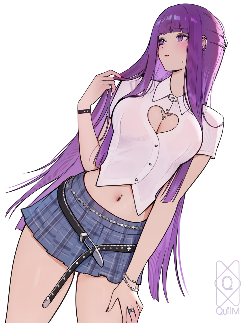 1girl absurdres belt blue_skirt blunt_bangs bracelet breasts cleavage_cutout clothing_cutout earrings fern_(sousou_no_frieren) heart_cutout highres jewelry long_hair looking_to_the_side loose_belt miniskirt navel navel_piercing piercing plaid_clothes plaid_skirt pleated_skirt purple_eyes purple_hair quilm shirt short_sleeves sidelocks simple_background skirt solo sousou_no_frieren standing very_long_hair white_background white_shirt wristband