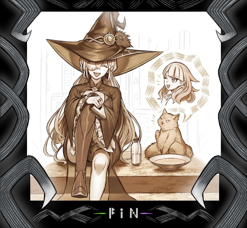 2girls blunt_bangs boots border bottle cat cup diabellstar_the_black_witch diabellze_the_original_sinkeeper duel_monster food frilled_sleeves frills hat highres hucydin jewelry long_hair monocle multiple_girls one_eye_closed ring sakazuki sandwich wide_sleeves witch witch_hat yu-gi-oh! yu-gi-oh!_master_duel