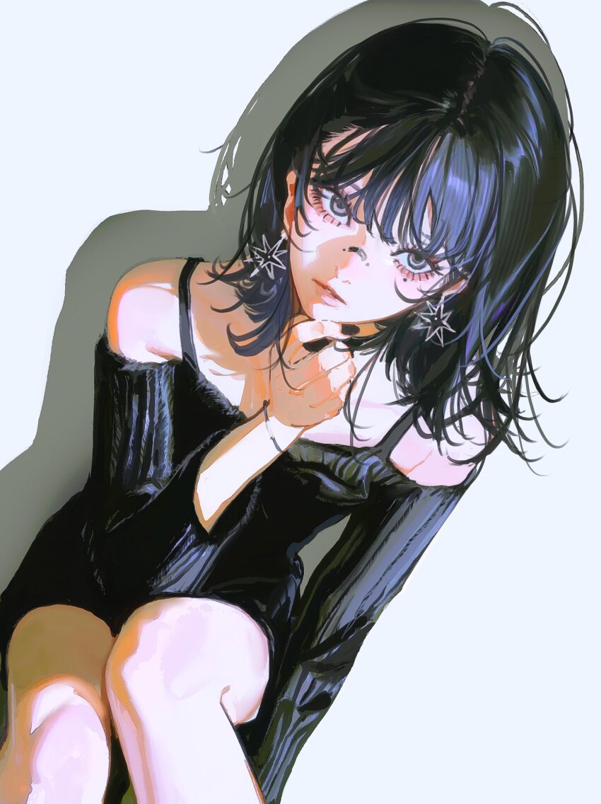 1girl black_eyes black_hair black_nails black_sweater commentary english_commentary hand_up highres john_kafka looking_at_viewer medium_hair mole mole_under_eye nail_polish off-shoulder_sweater off_shoulder original parted_lips shadow solo sweater