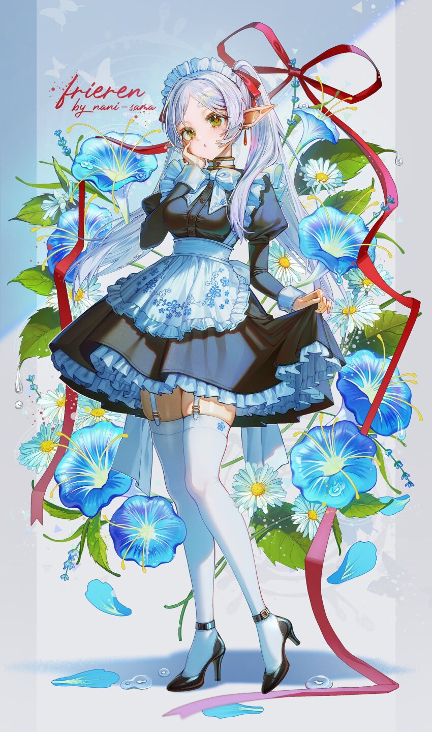 1girl :o absurdres apron artist_name blue_background blue_flower character_name commentary earrings elf english_commentary floral_print flower frieren full_body garter_straps gradient_background green_eyes grey_hair hand_on_own_cheek hand_on_own_face highres jewelry long_hair long_sleeves looking_at_viewer maid maid_apron maid_headdress naniwoou open_mouth pillarboxed pointy_ears print_apron red_ribbon ribbon shadow solo sousou_no_frieren thighhighs twintails white_background white_flower white_thighhighs zettai_ryouiki