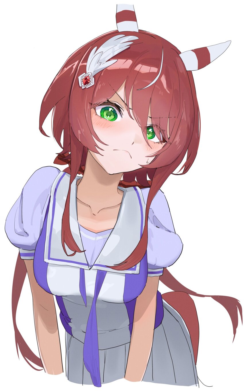1girl absurdres animal_ears asobi_nin blush bow bowtie breasts ear_covers feather_hair_ornament feathers frown green_eyes hair_between_eyes hair_ornament hashtag-only_commentary highres horse_ears horse_girl looking_at_viewer low_twintails medium_breasts multicolored_hair pleated_skirt puffy_short_sleeves puffy_sleeves purple_bow purple_bowtie purple_shirt red_hair sailor_collar sailor_shirt school_uniform shirt short_sleeves simple_background skirt solo streaked_hair tracen_school_uniform twintails umamusume white_background white_hair white_skirt win_variation_(umamusume)