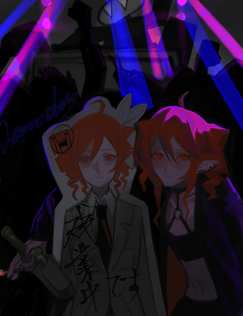 1girl absurdres ahoge alternate_costume arm_around_shoulder as-gold-ice bandeau between_fingers black_bandeau black_jacket blush bottle cardboard_cutout chinese_commentary cigarette closed_mouth commentary_request crowd crying_emoji drill_hair emoji formal_clothes grey_suit highres holding holding_bottle holding_cigarette jacket kasane_teto kasane_teto_(sv) leather leather_jacket long_pointy_ears long_sleeves medium_hair midriff open_clothes open_jacket pointy_ears red_eyes red_hair smirk solo_focus suit synthesizer_v twin_drills upper_body utau