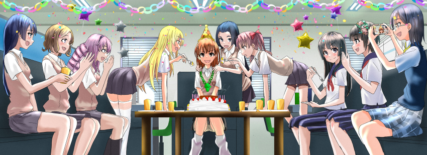 6+girls absurdres awatsuki_maaya birthday_cake black_hair blonde_hair brown_hair cake camera couch drill_hair flower food gekota hair_flower hair_ornament hairclip happy_birthday hat head_wreath highres hokaze_junko kongou_mitsuko konori_mii long_hair misaka_mikoto mitsunari_(708154) multiple_girls party_hat purple_hair sakugawa_school_uniform saten_ruiko school_uniform serafuku shirai_kuroko shokuhou_misaki short_hair sweater_vest toaru_kagaku_no_railgun toaru_majutsu_no_index tokiwadai_school_uniform twintails uiharu_kazari wannai_kinuho window